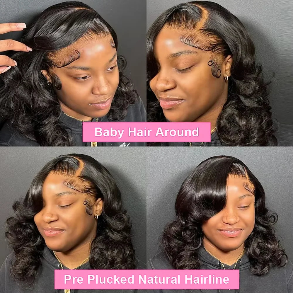 250% Body Wave HD Lace Frontal Short Bob Wig – Glueless Wavy Human Hair, 13x4 Transparent Lace Front