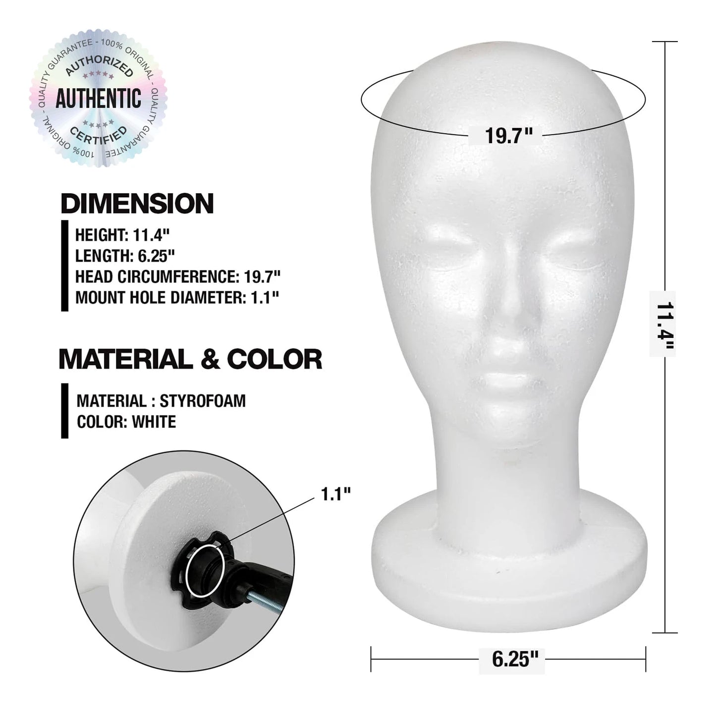 Studio Limited White Styrofoam Mannequin Head — Lightweight, perfect for styling and displaying wigs.