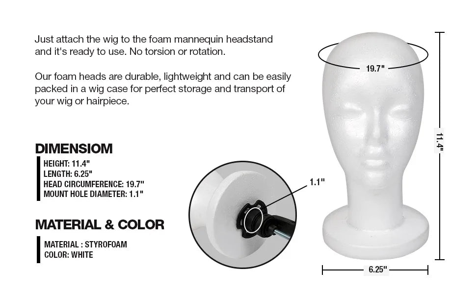 Studio Limited White Styrofoam Mannequin Head — Lightweight, perfect for styling and displaying wigs.