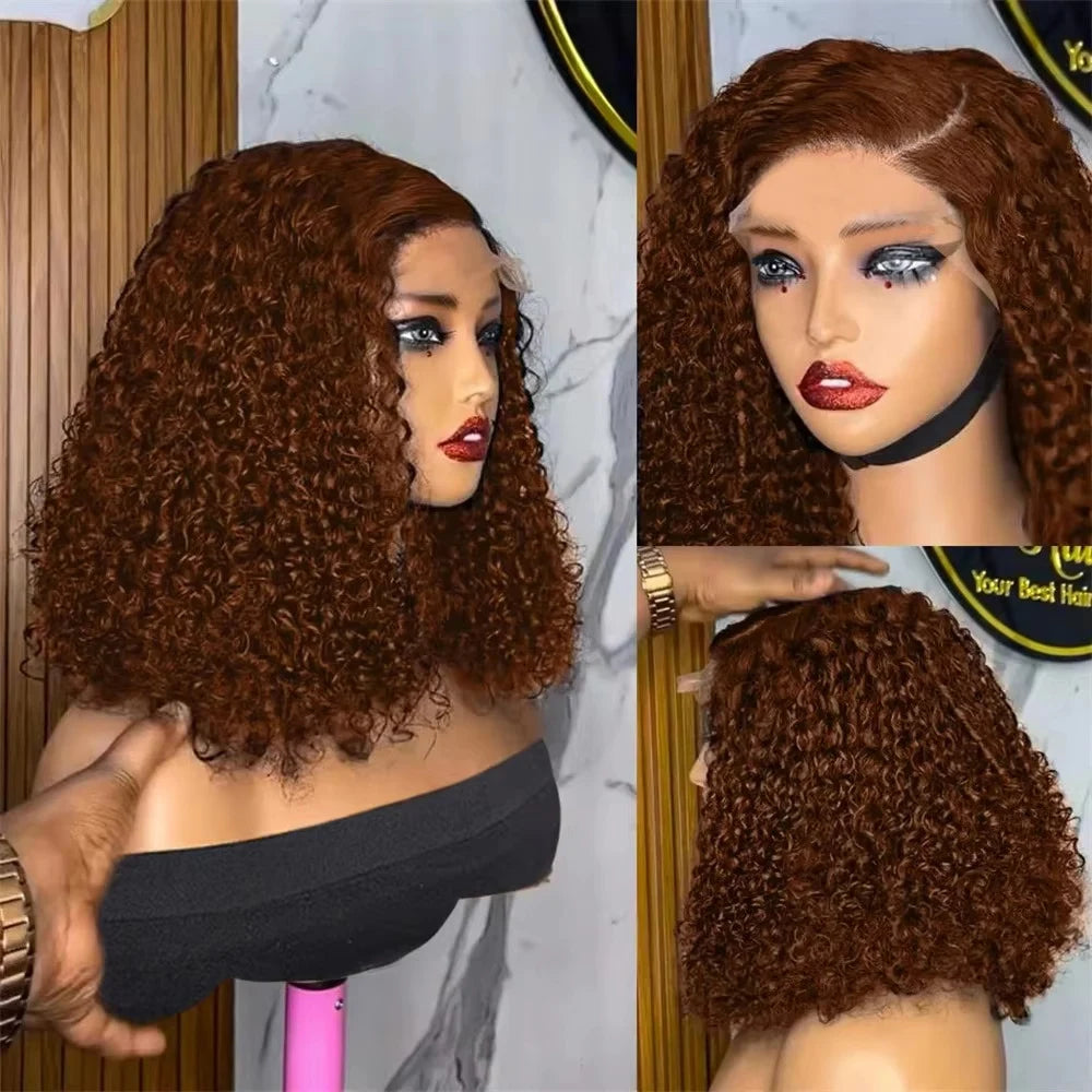Brown Kinky Curly Short Bob Wig – 13x4 Pre-Plucked Brazilian Water Deep Wave, #4 Color