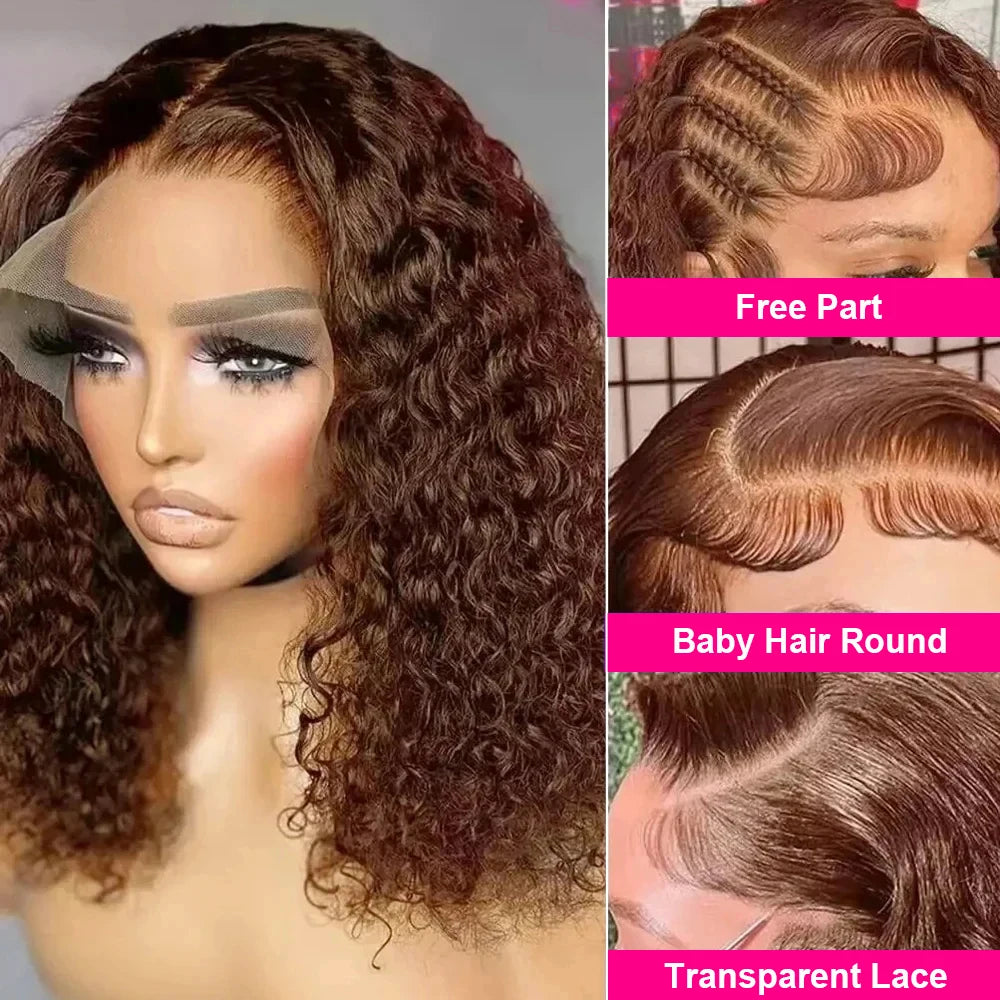 Brown Kinky Curly Short Bob Wig – 13x4 Pre-Plucked Brazilian Water Deep Wave, #4 Color