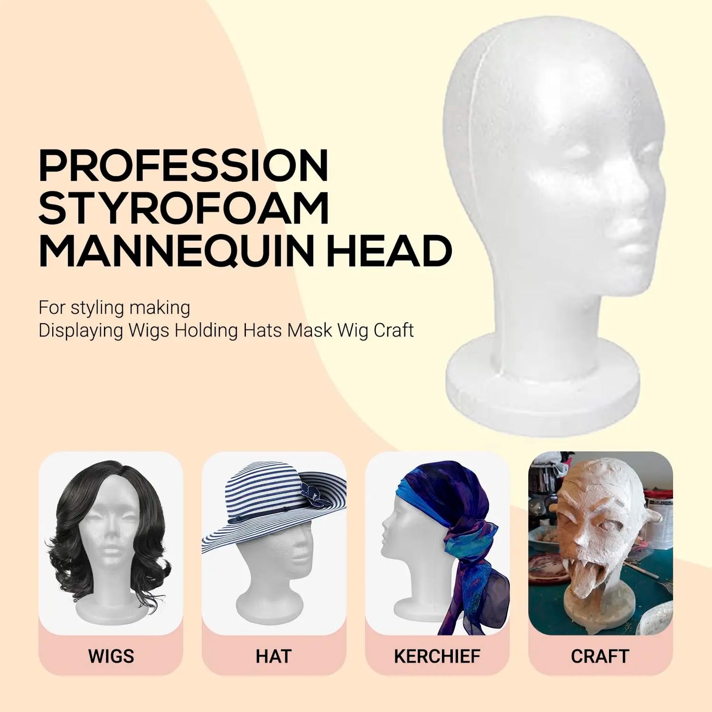 Studio Limited White Styrofoam Mannequin Head — Lightweight, perfect for styling and displaying wigs.