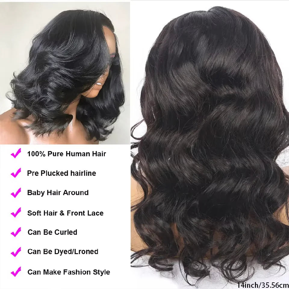 250% Body Wave HD Lace Frontal Short Bob Wig – Glueless Wavy Human Hair, 13x4 Transparent Lace Front