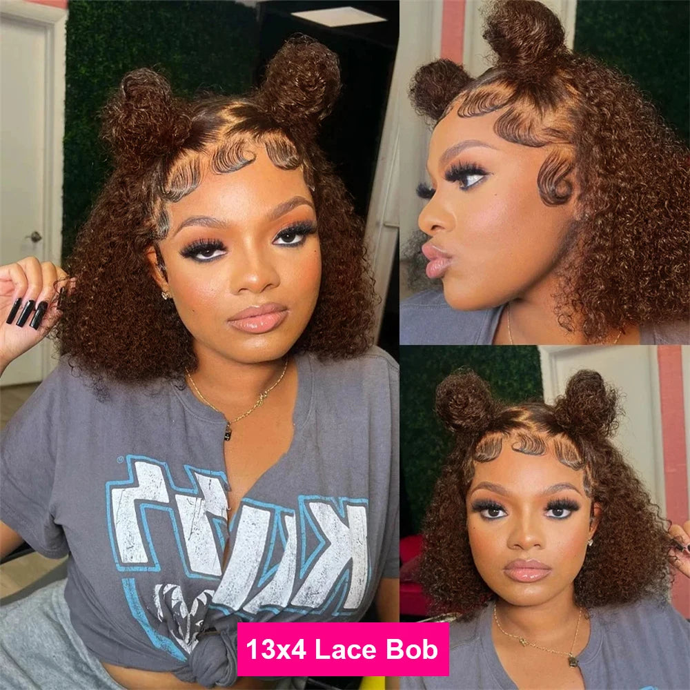 Brown Kinky Curly Short Bob Wig – 13x4 Pre-Plucked Brazilian Water Deep Wave, #4 Color