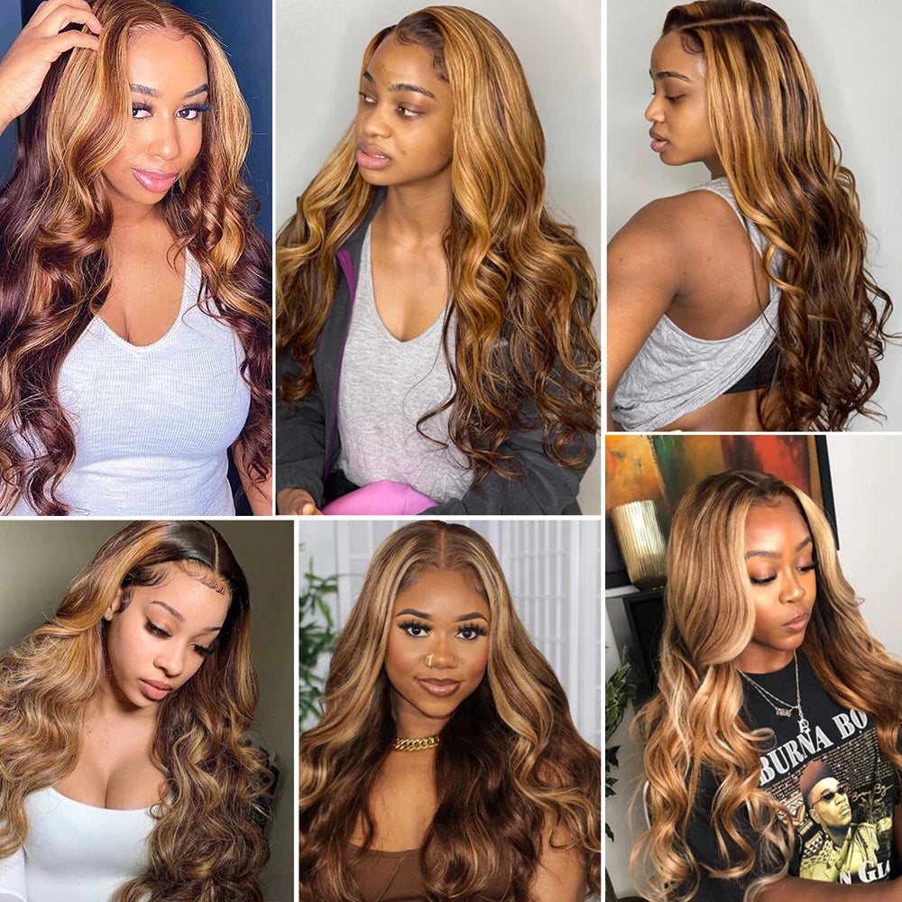 13x6 Highlight Lace Frontal Wig – Ombre Honey Blonde Body Wave, Pre-Plucked Human Hair