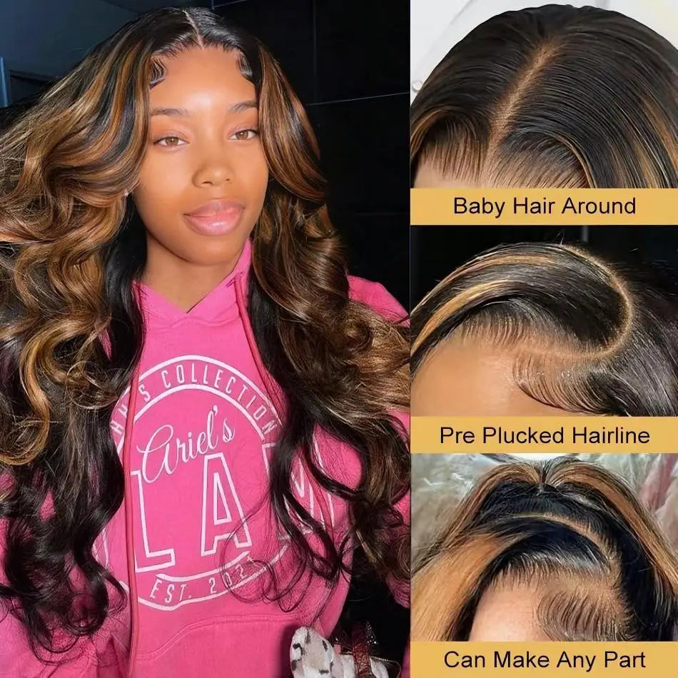Body Wave Highlight Ombre Wig – 13x4/13x6 Lace Front, 1B/30 Black Brown Brazilian Human Hair