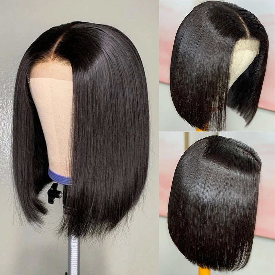 16" Bob Wig – 220% Density Straight 13x4 Lace Front, Pre-Plucked Brazilian Remy Human Hair