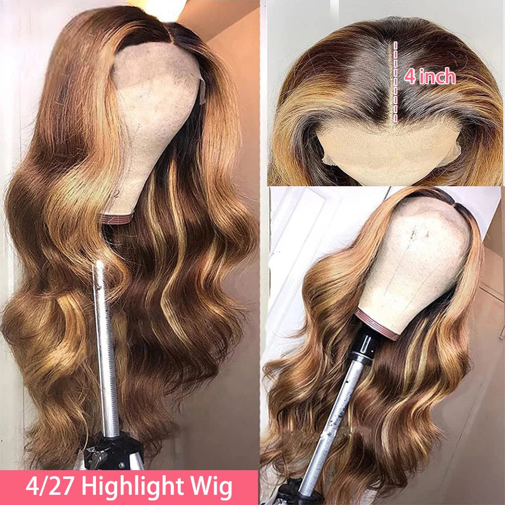 13x6 Highlight Lace Frontal Wig – Ombre Honey Blonde Body Wave, Pre-Plucked Human Hair
