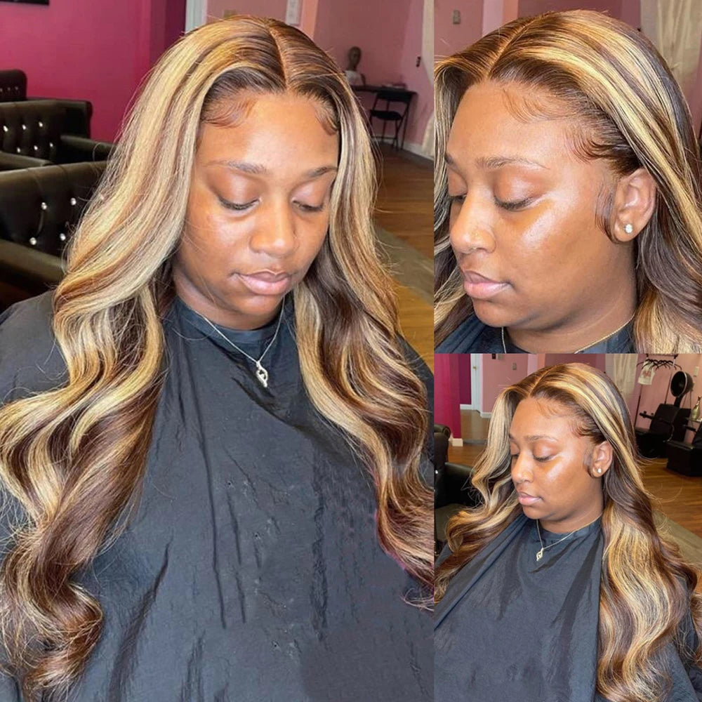 13x6 Highlight Lace Frontal Wig – Ombre Honey Blonde Body Wave, Pre-Plucked Human Hair