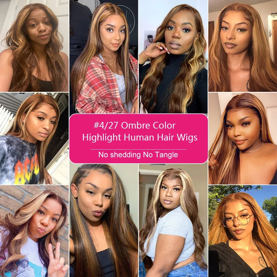 34" Bone Straight Highlight Wig – 13x4/13x6 Lace Front, Ombre Honey Blonde Human Hair