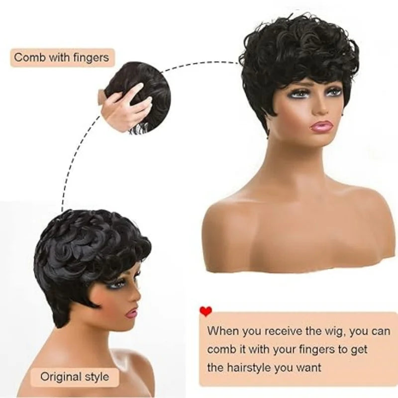 Short Black Pixie Wigs – Curly & Wavy Synthetic Hair for Black Women