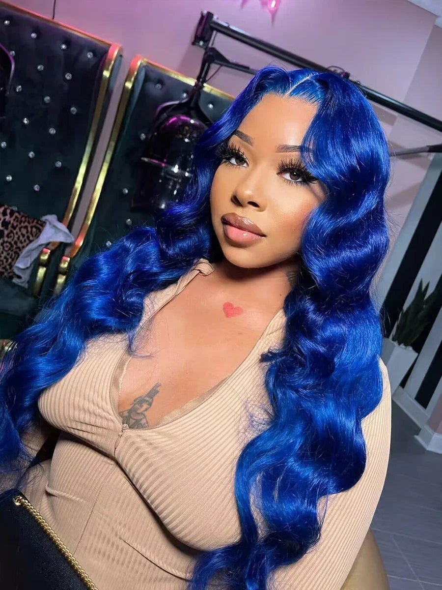 Navy Blue Body Wave Wig – 13x4 Transparent Lace Front, Brazilian Colored, Pre-Plucked Human Hair