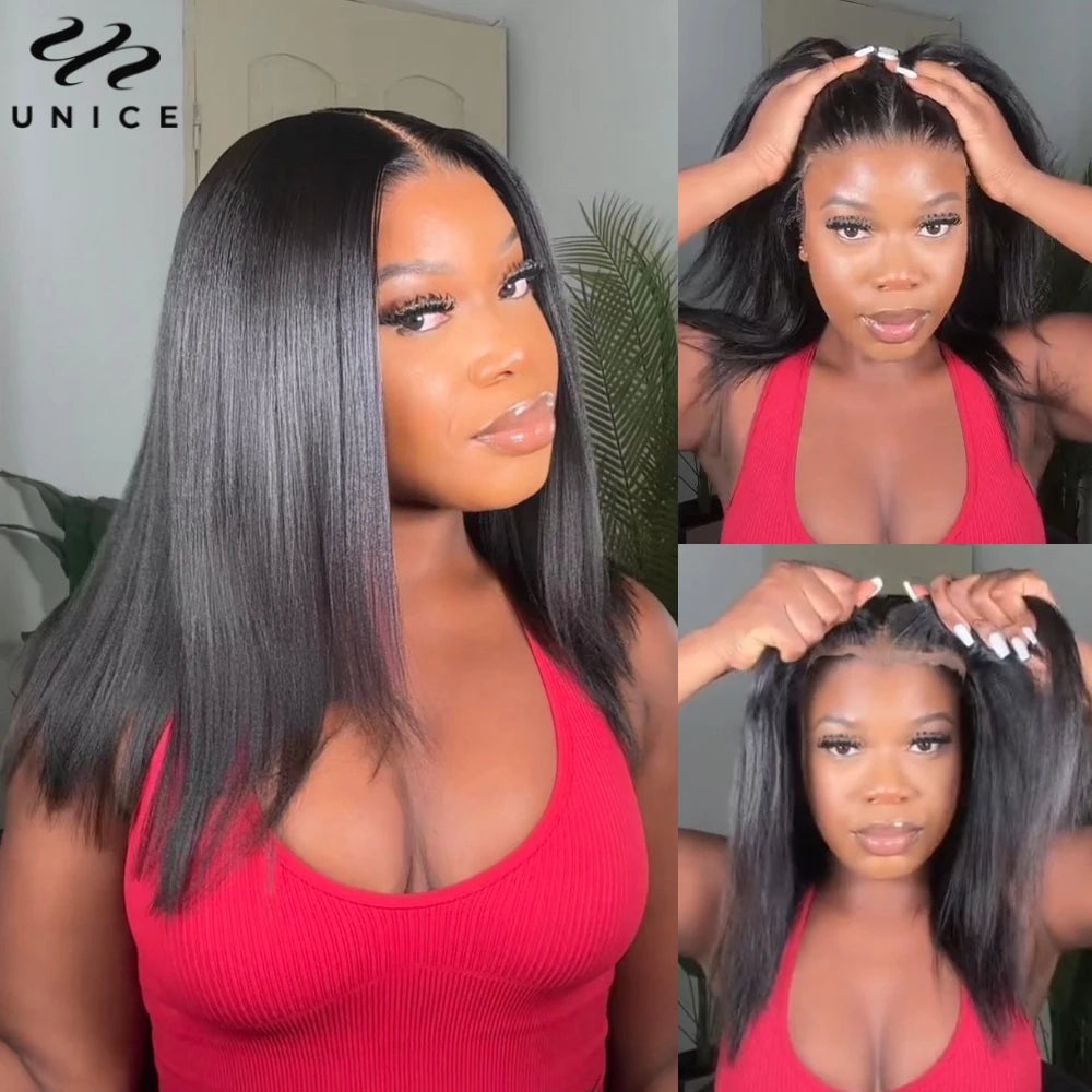 Unice Yaki Straight Bob Wig – 7x5 Drawstring Cap, Pre-Cut, Pre-Bleached, Glueless Human Hair