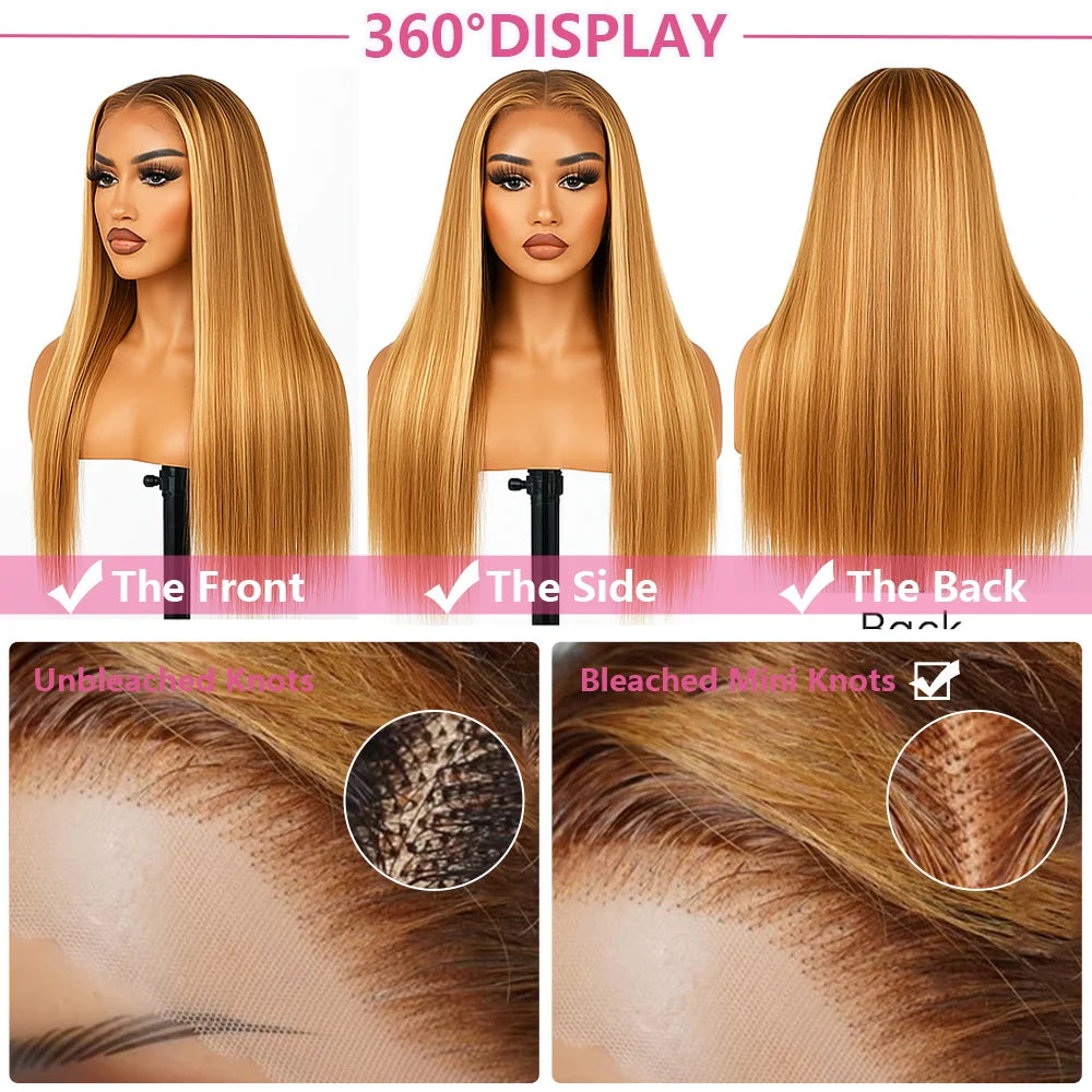 P4/27 Highlight Bone Straight Wig – 13x4 HD Lace Frontal, Brazilian Ombre Honey Blonde