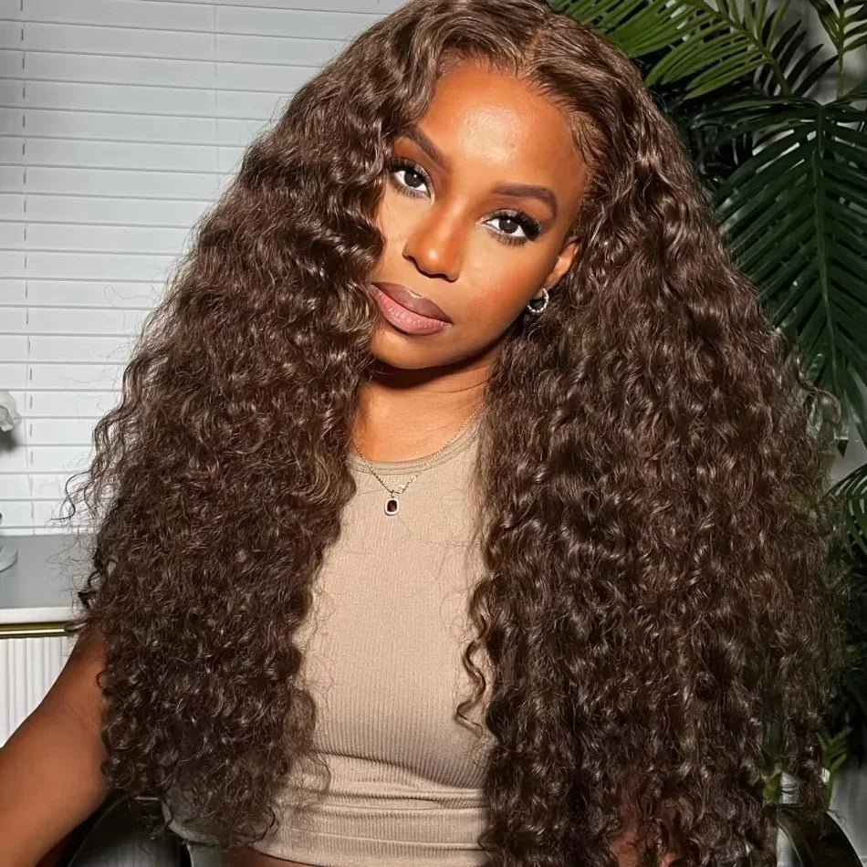 30–36" Chocolate Brown Deep Curly Wig – 13x4/13x6 HD Lace Frontal, Colored Water Wave Human Hair