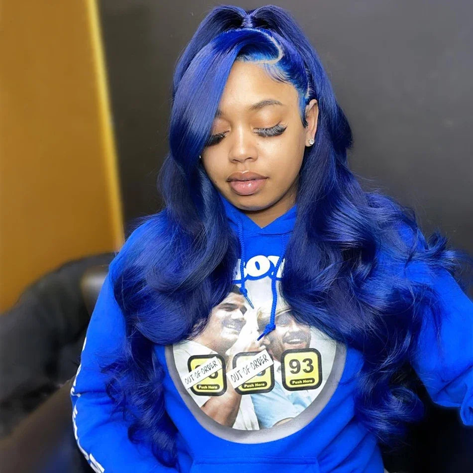 Navy Blue Body Wave Wig – 13x4 Transparent Lace Front, Brazilian Colored, Pre-Plucked Human Hair