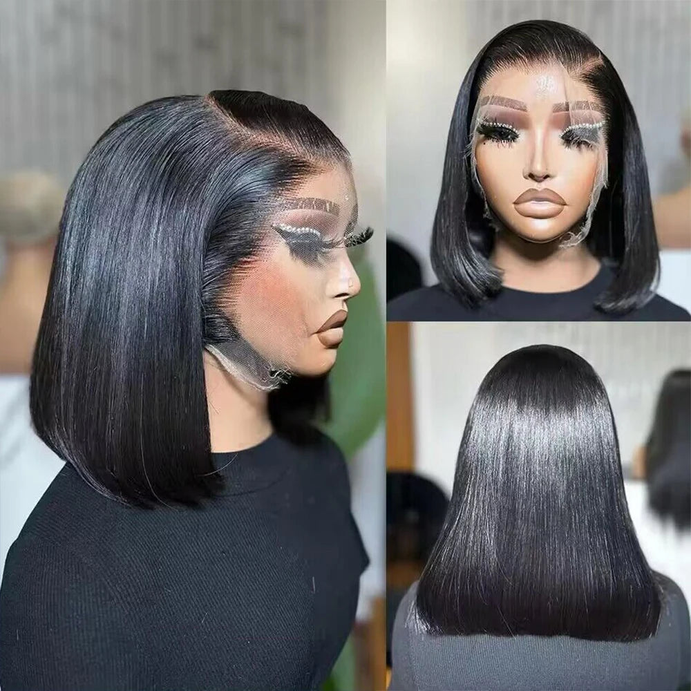 200% Density 13x4 Short Bob Straight Wig – Brazilian Remy HD Transparent Full Lace Frontal, 100% Human Hair