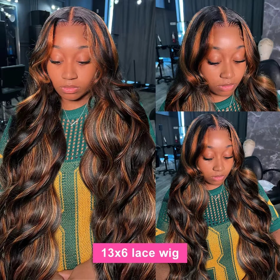 Body Wave Highlight Ombre Wig – 13x4/13x6 Lace Front, 1B/30 Black Brown Brazilian Human Hair