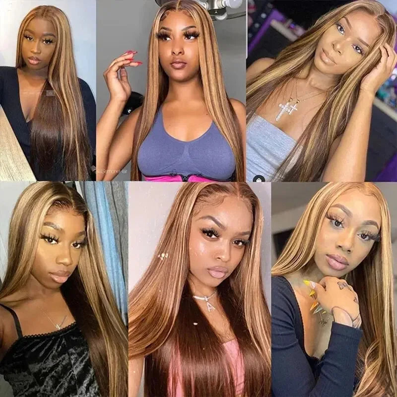 34" Bone Straight Highlight Wig – 13x4/13x6 Lace Front, Ombre Honey Blonde Human Hair