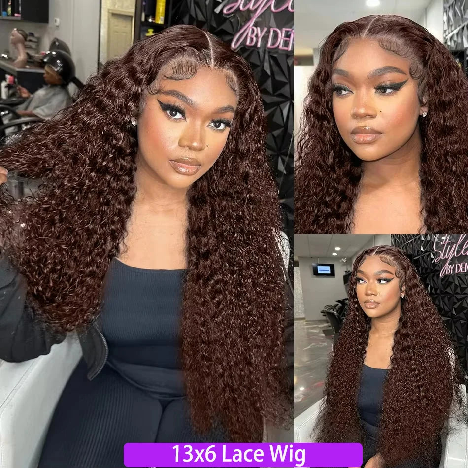 13x4 Chocolate Brown Curly Lace Front Wig – Pre-Plucked Deep Wave, 13x6 HD Lace Brazilian Human Hair