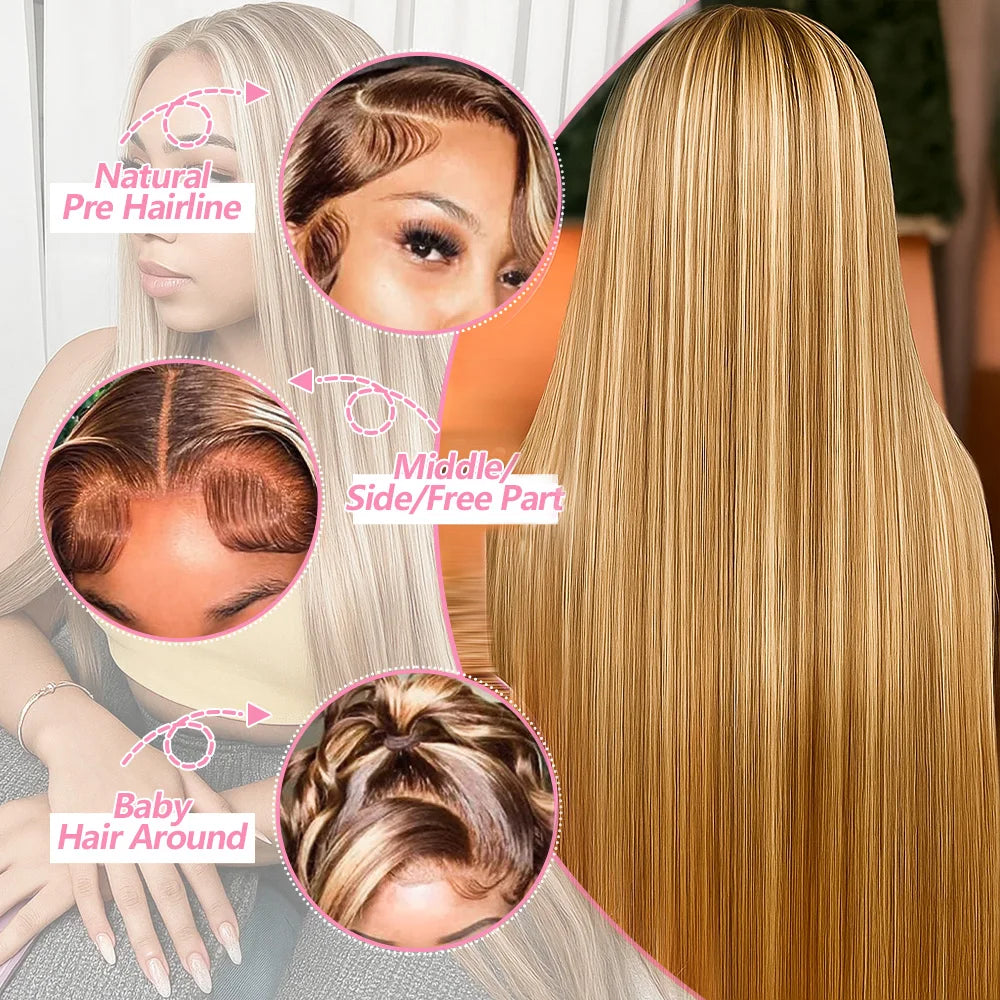 P4/27 Highlight Bone Straight Wig – 13x4 HD Lace Frontal, Brazilian Ombre Honey Blonde