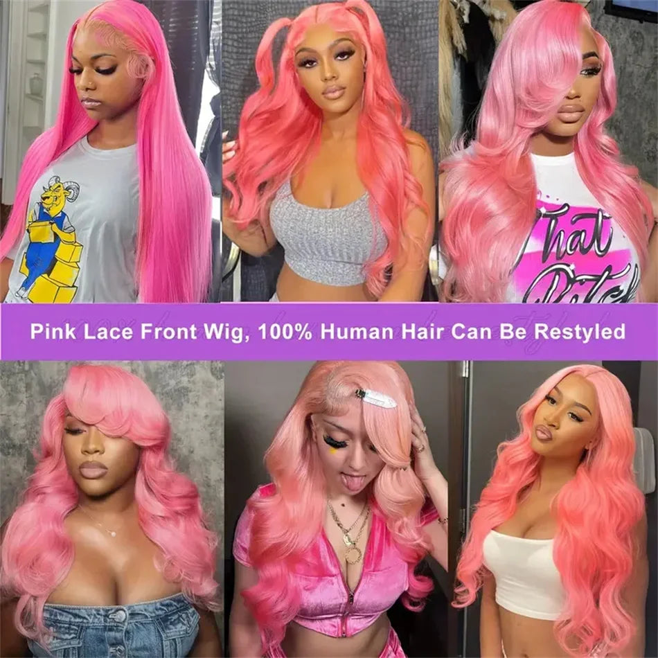 30" Pink Straight Lace Front Wig – 13x6 HD Human Hair Wig for Women