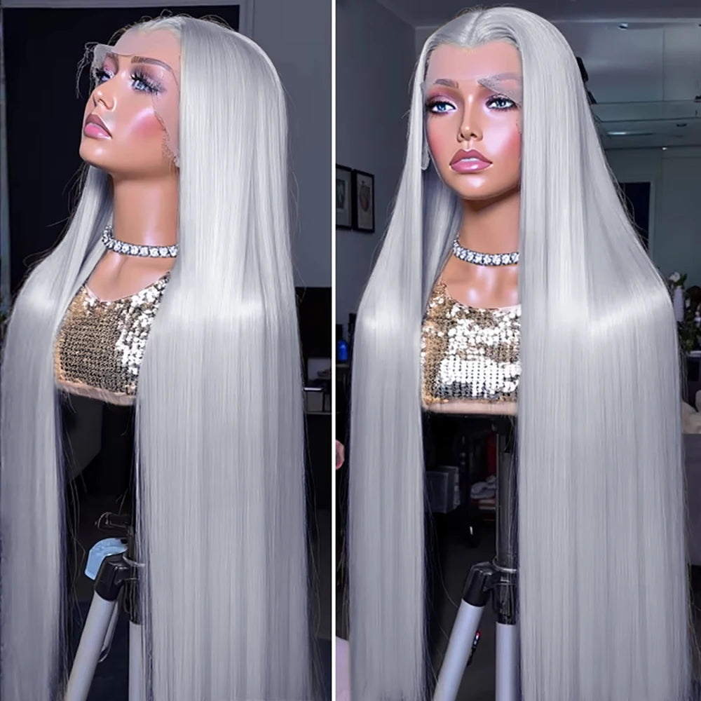 250% Silver Grey Straight Wig – 13x6 HD Lace Front, Brazilian Human Hair 30–40 Inch, 13x4 Lace Frontal