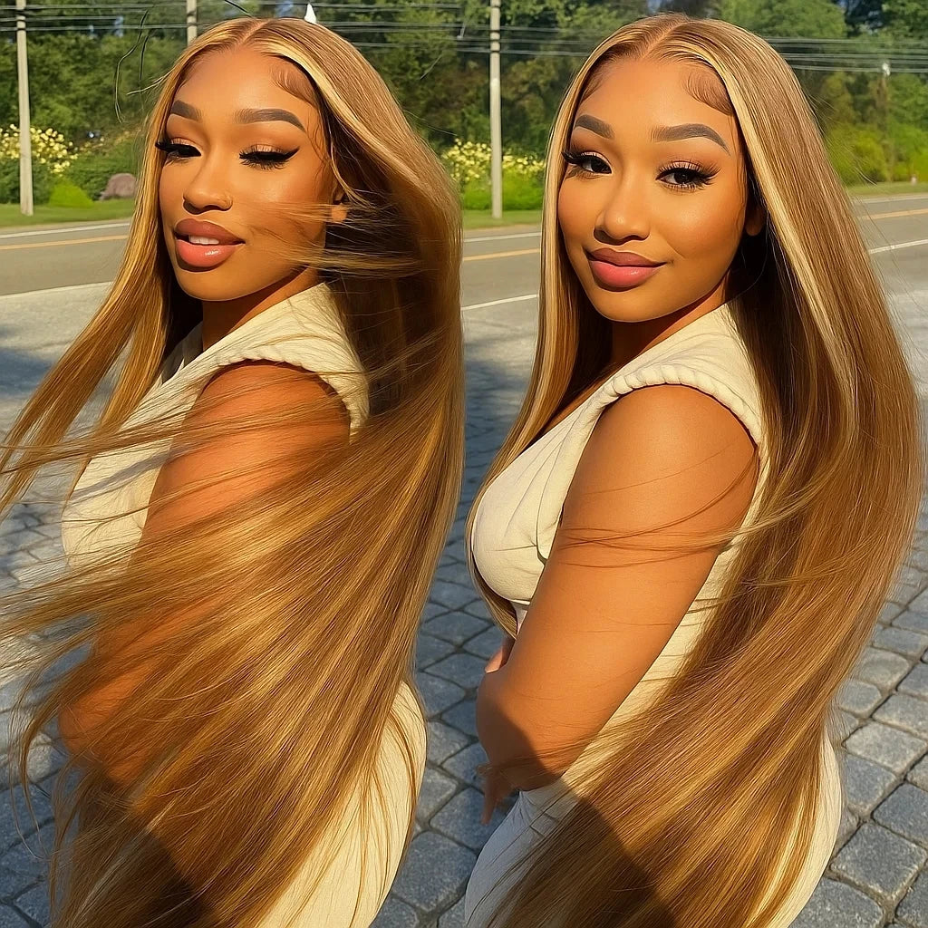 P4/27 Highlight Bone Straight Wig – 13x4 HD Lace Frontal, Brazilian Ombre Honey Blonde
