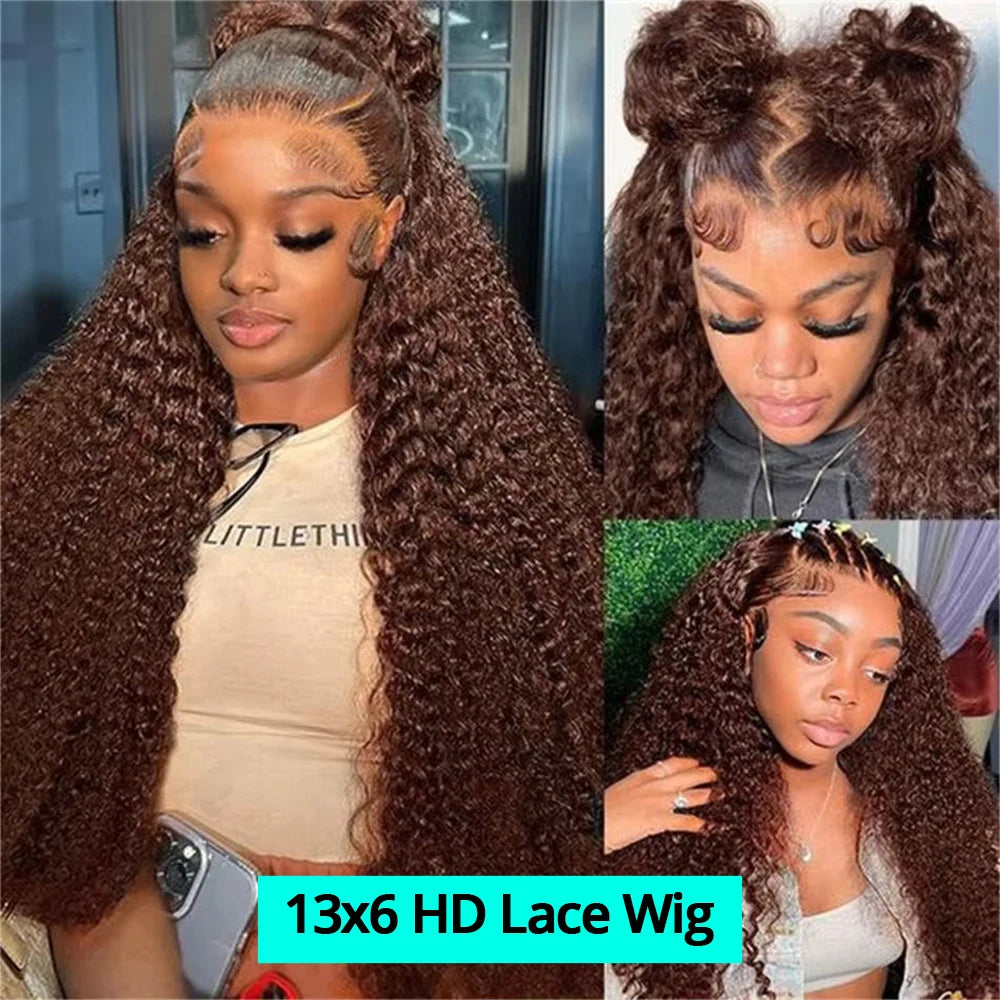 Chocolate Brown Deep Wave Wig – 13x6/13x4 HD Lace Front, Pre-Plucked Curly Human Hair