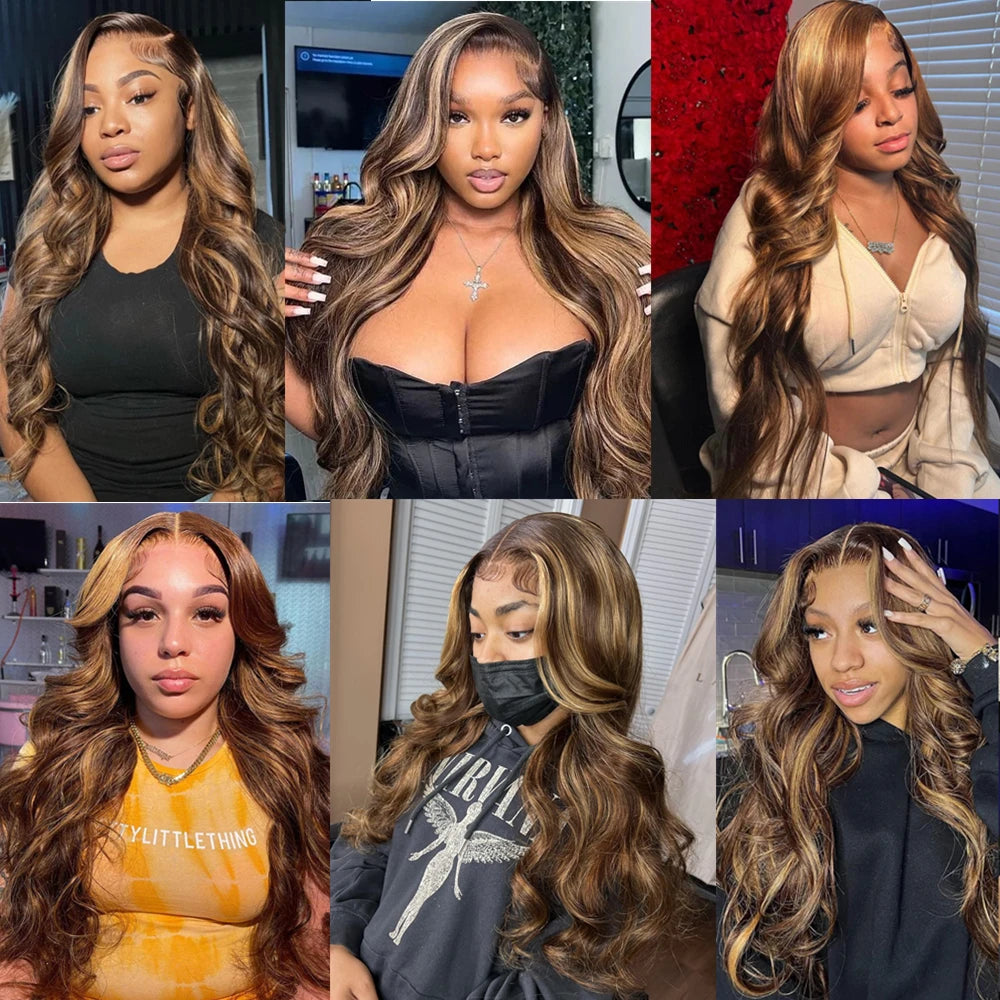 13x6 HD Transparent Body Wave Lace Front Wig – Colored Highlight 4/27 Blonde, Pre-Plucked Brazilian Human Hair