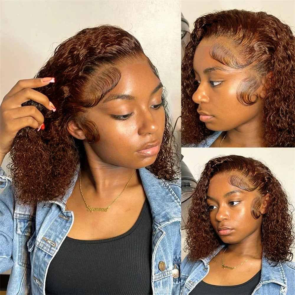 Brown Kinky Curly Short Bob Wig – 13x4 Pre-Plucked Brazilian Water Deep Wave, #4 Color
