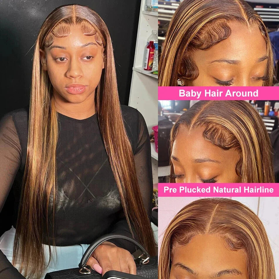 34" Bone Straight Highlight Wig – 13x4/13x6 Lace Front, Ombre Honey Blonde Human Hair
