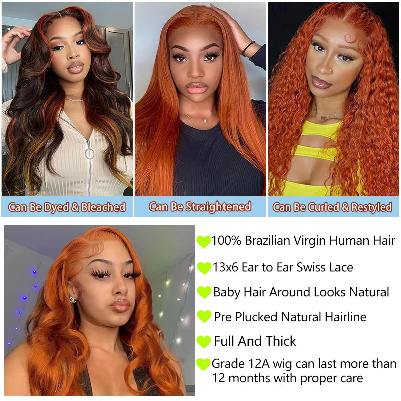 Ginger Orange Body Wave Wig – 13x6 Lace Front, 200% Density, 350 Colored Pre-Plucked Human Hair