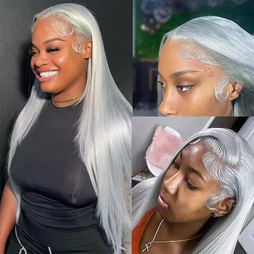 250% Silver Grey Straight Wig – 13x6 HD Lace Front, Brazilian Human Hair 30–40 Inch, 13x4 Lace Frontal