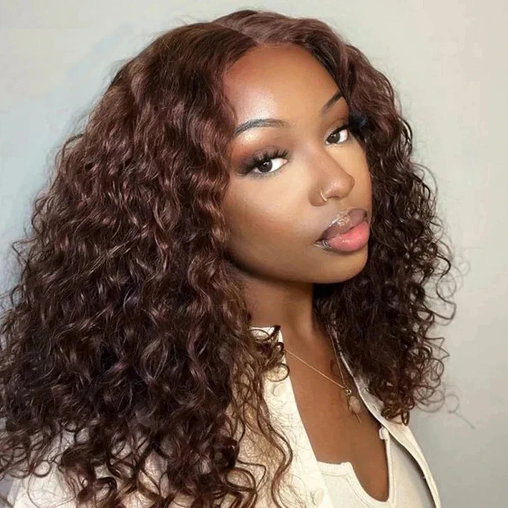 Brown Kinky Curly Short Bob Wig – 13x4 Pre-Plucked Brazilian Water Deep Wave, #4 Color