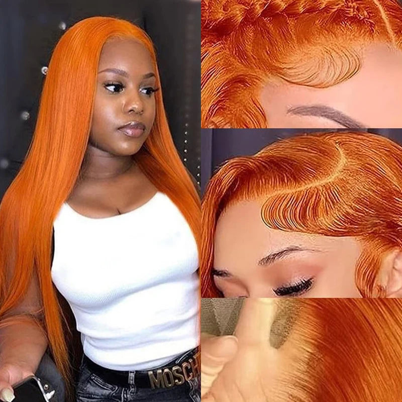 30" Orange Ginger Straight Lace Front Wig – 13x6 HD Transparent, 350 Brazilian Human Hai