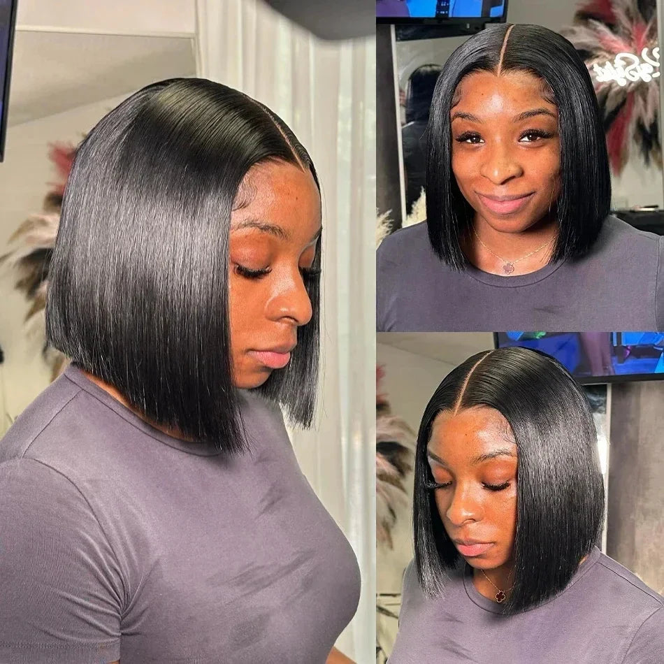 16" Bob Wig – 220% Density Straight 13x4 Lace Front, Pre-Plucked Brazilian Remy Human Hair
