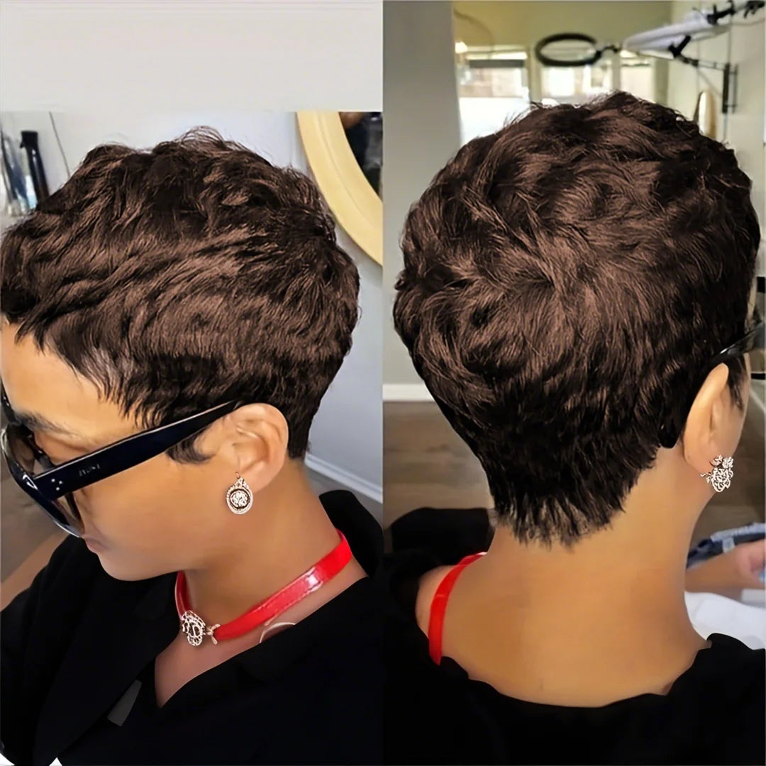 6" Short Pixie Cut Straight Wig – 100% Human Hair, Machine Made with Pre-Styled Bangs & Natural Hairline
