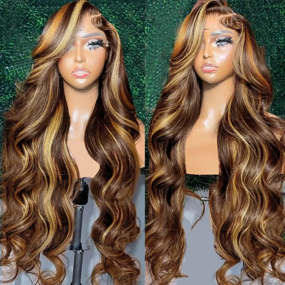 13x6 HD Transparent Body Wave Lace Front Wig – Colored Highlight 4/27 Blonde, Pre-Plucked Brazilian Human Hair