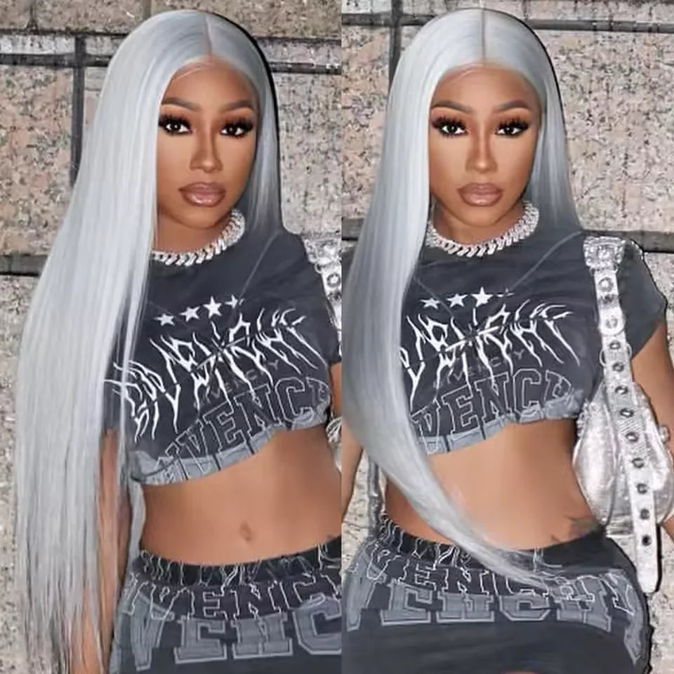 250% Silver Grey Straight Wig – 13x6 HD Lace Front, Brazilian Human Hair 30–40 Inch, 13x4 Lace Frontal