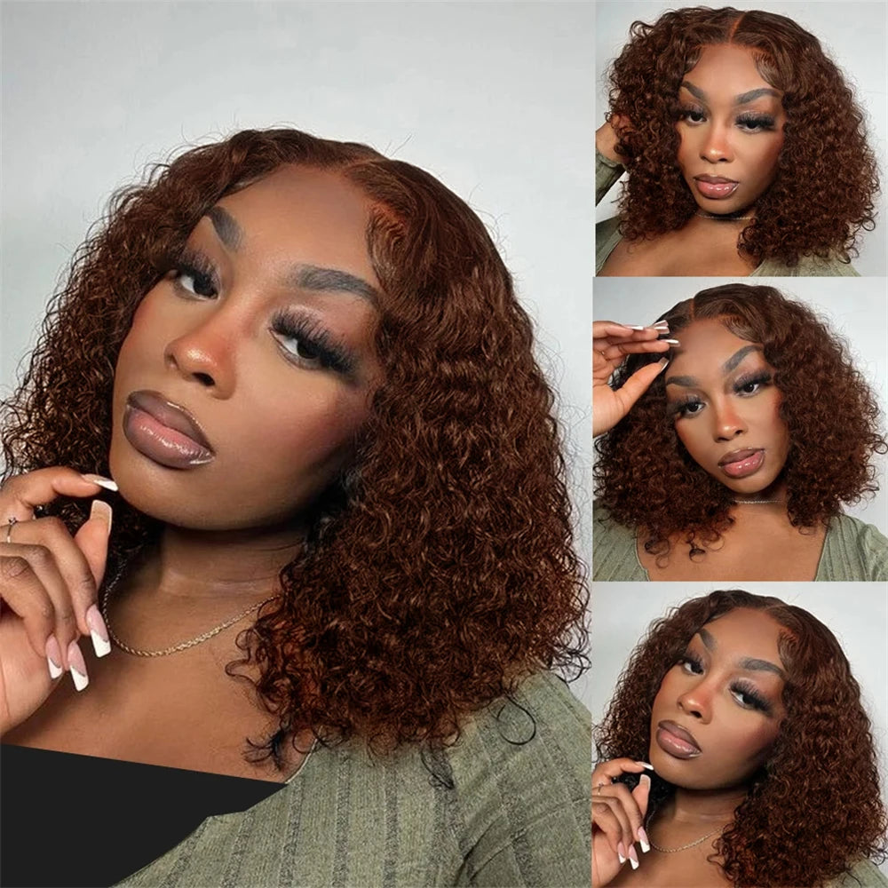 Brown Kinky Curly Short Bob Wig – 13x4 Pre-Plucked Brazilian Water Deep Wave, #4 Color
