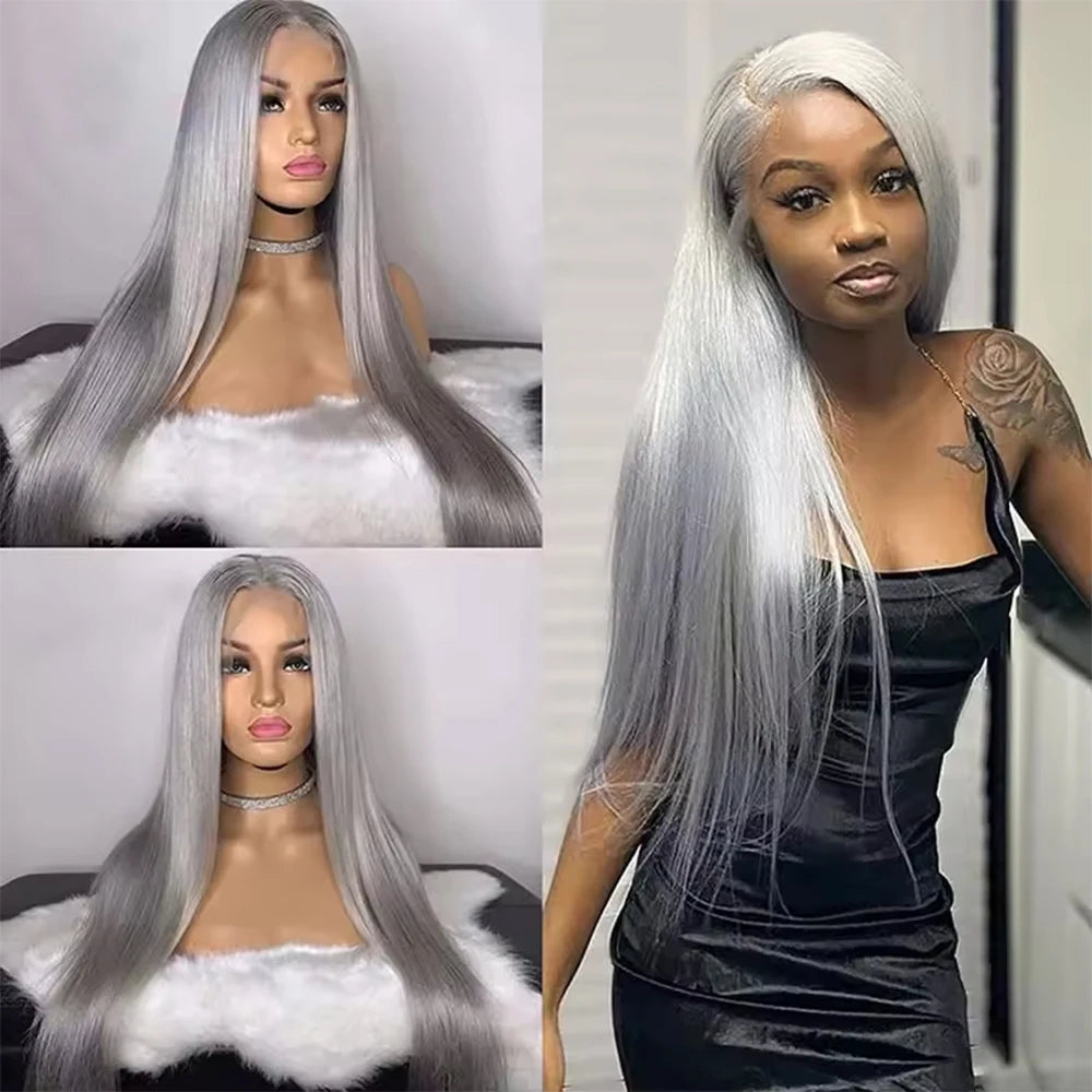 250% Silver Grey Straight Wig – 13x6 HD Lace Front, Brazilian Human Hair 30–40 Inch, 13x4 Lace Frontal
