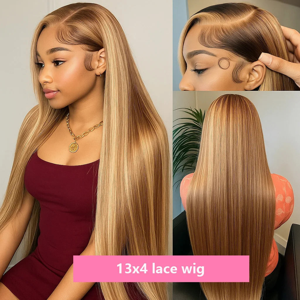 P4/27 Highlight Bone Straight Wig – 13x4 HD Lace Frontal, Brazilian Ombre Honey Blonde