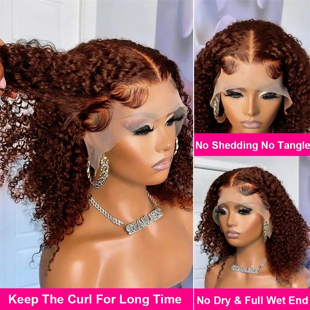 Brown Kinky Curly Short Bob Wig – 13x4 Pre-Plucked Brazilian Water Deep Wave, #4 Color