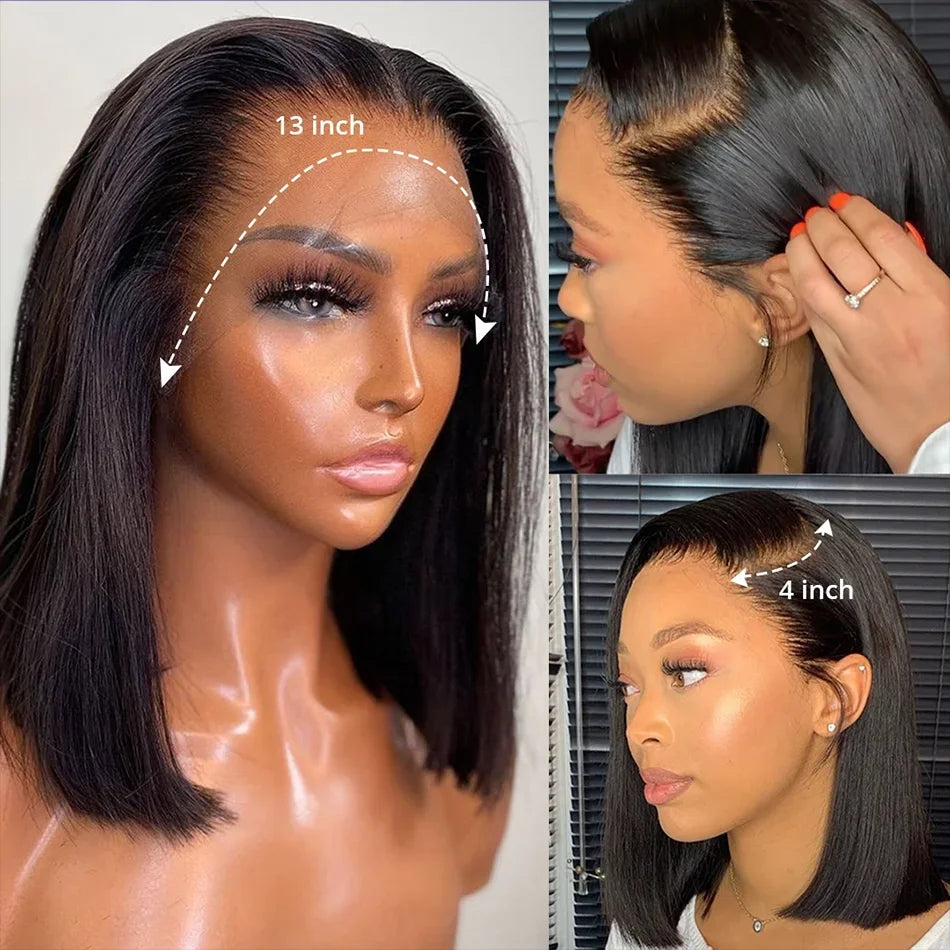 16" Bob Wig – 220% Density Straight 13x4 Lace Front, Pre-Plucked Brazilian Remy Human Hair