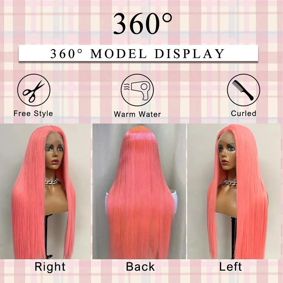30" Pink Straight Lace Front Wig – 13x6 HD Human Hair Wig for Women