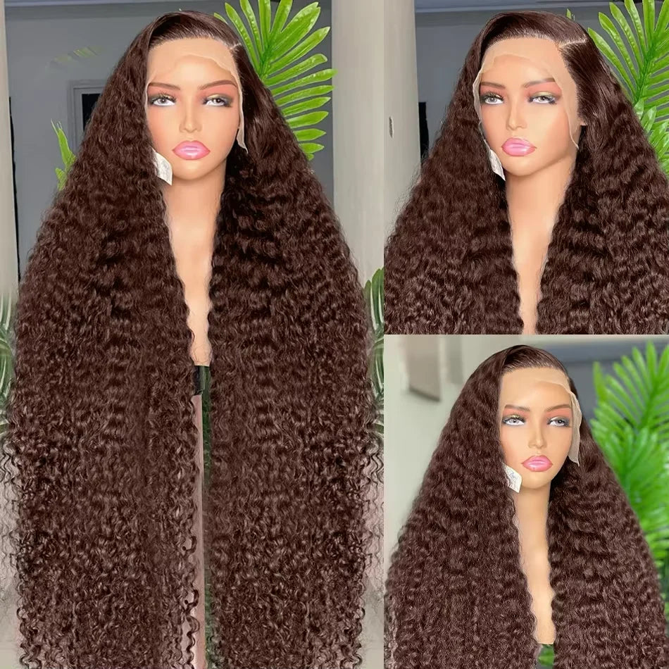 30–36" Chocolate Brown Deep Curly Wig – 13x4/13x6 HD Lace Frontal, Colored Water Wave Human Hair