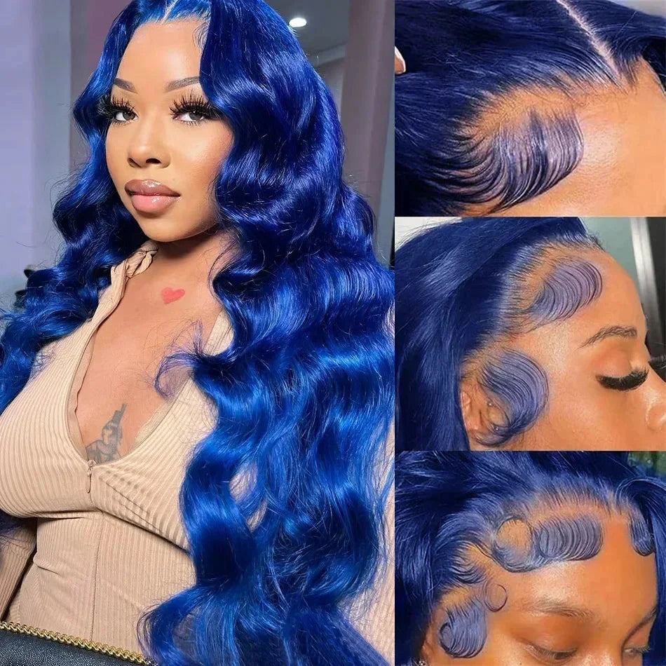 Navy Blue Body Wave Wig – 13x4 Transparent Lace Front, Brazilian Colored, Pre-Plucked Human Hair
