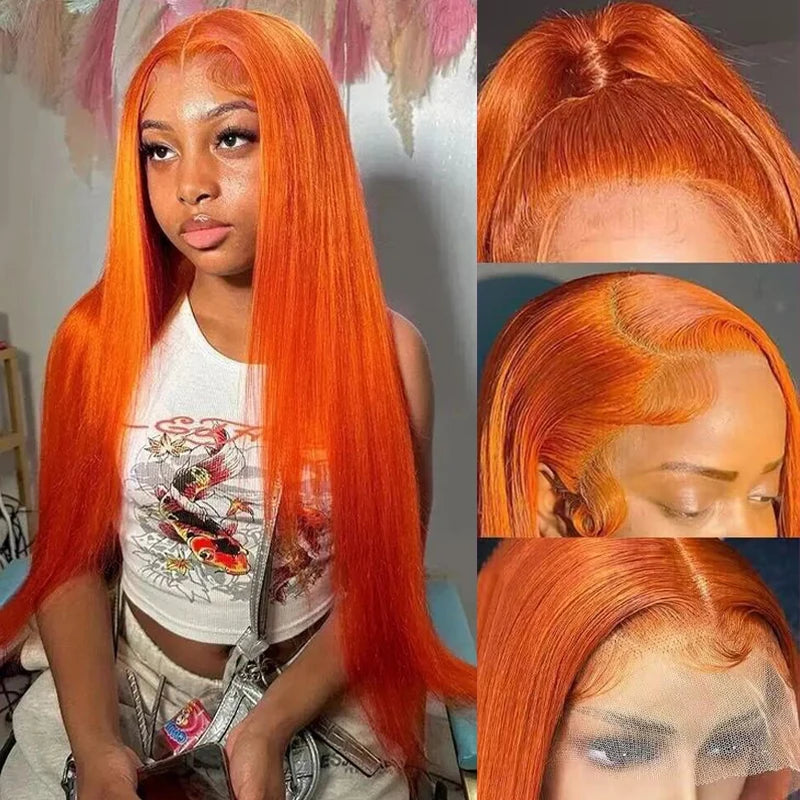 30" Orange Ginger Straight Lace Front Wig – 13x6 HD Transparent, 350 Brazilian Human Hai