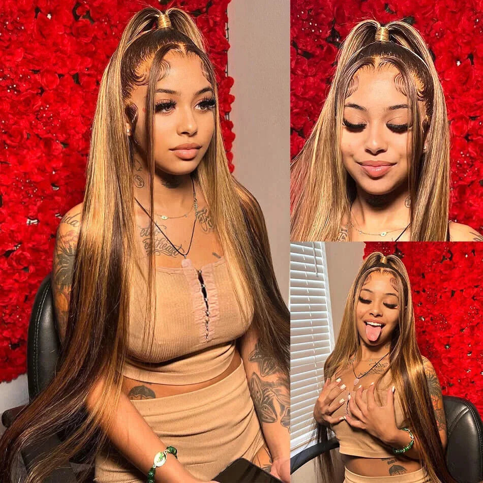 34" Bone Straight Highlight Wig – 13x4/13x6 Lace Front, Ombre Honey Blonde Human Hair